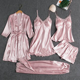 Fongt Women Summer Ice Silk Sexy Hot Home Clothes Spring And Autumn Long-Sleeved Thin Five-Piece Set