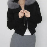 Fongt Spliced Zipper Hooded Jacket Woman 2025 Autumn And Winter Retro Letter Embroidery Short Top