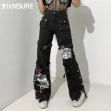 Gothic Printed Jeans Casual Cool Streetwear Dark Loose Low Waisted Wid Leg Pants Women Fashion Trousers Autumn