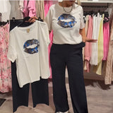 Fongt Lips Summer New Casual Printed Letters Short Sleeve T-Shirt Set