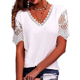 Fongt Women's T-Shirt Burst Lace Splicing Loose V-Neck Short-Sleeved T-Shirt