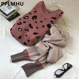 Print Knitted 2 Piece Sets For Women Casual Loose V-neck Sweater Pullovers Outfits And Contrast Color Harem Pants