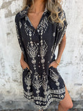 Fongt New Summer Loose Leisure Short-Sleeved Cotton Shirt Pocket Print Dress Woman