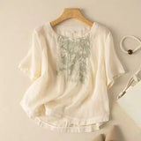 Fongt Cotton T-Shirt Women's Summer Size 2025 New Mother Loose Rib Linen Short-Sleeved T-Shirt