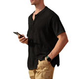 Fongt Men's Summer New Short-Sleeved Shirt Lapel Solid Color Hollow Out Breathable Cool Summer Men's