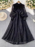 Fongt Retro Elegant Dress Woman 2025 New High-End Collar Single Buckle Waist Embroidery Mesh Dress