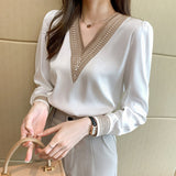 Spring Office Lady Long Sleeve Blouse Fashion Solid V Neck Chiffon Blouses Women Tops Plus Size Clothing Loose Blusas