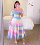 Fongt Spring And Summer New Women's Dress Prints The Shoulder Dress A Word Shoulder Fashion Swing