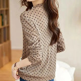 Polka Dot T-shirt Women's Clothing Stylish Bright Silk Autumn Winter Long Sleeve Korean Half High Collar Slim Pullovers-Outfit
