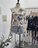 Tie Dyed Elastic Mesh Oblique Shoulder Irregular Horn Long-Sleeved T-Shirt Flower Short Floated Female