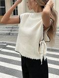 Fongt Women's Sleeveless Sweater Vest Simple Design Bumpy Bow Tie With Coat
