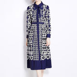 Fongt Light Luxury Feudist Temperament Long-Sleeved Clapping Waist Thin Single Buckle A Word Positioning Print Dress