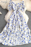 Elegant Floral Dress Women Vintage Square Collar Short Sleeve A Line Beach Dresses Ladies High Waist Print Split
