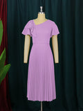 Fongt Multi-Color Lotus Leaf Sleeve Pressure Skirt Dress 100 Folds Short Sleeve Dress Elegant Dress
