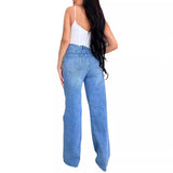 Fongt Stand Hole Denim Trousers Women High-Waisted Loose Straight-Lens Wide-Legged Trousers