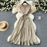 Fongt Summer Senior Round-Neck Short-Sleeved Dress, Tie, Waist Splicing, Elegant Large Hem Length
