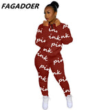 Winter Tracksuits Two Piece Set Pink Letter Print Solid Casual Outfits Zip Sweatshirt + Pockets Pants Set Women Sweat