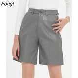 Elastic Waist Knee Length Pu Leather Shorts Women Streetwear High Waist Shorts Autumn Winter Wide Leg Half