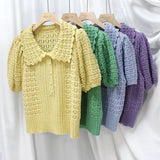 Women T-shirt Cute Button Short Sleeve Sweater Femme Single Breasted Peter Pan Collar Summer New