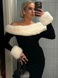 Off-shoulder Black Fur Trim Long Sleeve Maxi Bodycon Dress-Outfit