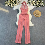 Fongt Denim Panties Femininity Hanging Neck Sleeveless Backs High Waist Slimmed Denim Jumpsuit