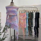 Fongt And Spicy Shoulder Dyed Printing Mesh Long-Sleeved Coat Folds Irregular Ribbon T-Shirt 9997