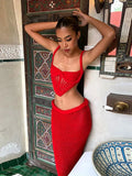 Fongt 2025 Women's Explosive Sexy Knitted Short Sling Tape Open Umbilly Skirt Set