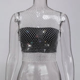 Fongt Nightclub Dresses Fishnet Hollow Out Rhinestone Vest Mesh Flash Diamond Sling Top