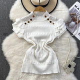 Ruffles Short Sleeve Buttons Sweater Jumpers Girls Stretchy Chic Sweaters Pullovers Tops Women Knitted Tee Shirts-Outfit