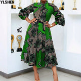 African Women Dresses Summer 2021 Sexy Bandage Floral Print Boho Beach Midi Dress Party Long Sleeve A Line Robe Africaine