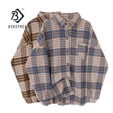 Women Vintage Oversize Woolen Plaid Shirt Pockets Batwing Sleeve Turn-Down Collar Thick Blouse Autumn Casual Warm