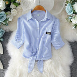 White Shirt Female 2020 Summer New Korean Loose Bowknot College Style Short Sleeve Striped Blouse Women Tops Large