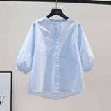 Fongt Lantern Sleeve Cotton Shirt Women Loose Design Casual Shirt 2025 Summer Art Light Blue Top