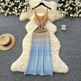 Fongt Knitted Dress Woman 2025 Summer Korean Chic Retro Gradient Wavy Dress