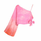 New Women Sexy Tie Dyed Printing Asymmetric Short Shirt Ladies Bow Casual Slim Blouse Roupas Chic Summer Crop Tops
