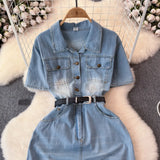 Fongt Hong Kong Style Denim Dress Woman 2025 Summer New High-End Temperament To Show Thin Long Dress