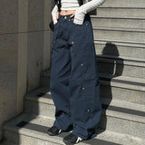 Rivet Design Irregular Loose Straight Jeans Women's Fashionable Solid Color Casual Trousers-Outfit