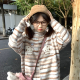 Kawaii Striped Sweaters Mujer Spring Stand Collar Dog Print Cardigans Y2k Grunge Long Sleeve Zipper Knitted Tops-Outfit