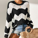 Fongt Yang Autumn New Fur Women's Loose Round Collar Hit The Striped Long-Sleeved Knitted Shirt Top