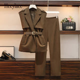 Women Autumn Winter Clothing Elegant Office Pant Suit Noted Vest Jacket Top And Pant Two Piece Set Matching