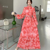 Fongt Light Luxury Temperament Dress Female High-End Feel Strapped Waist Three-Dimensional Flower Lantern Sleeve Print Dress