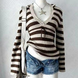 Vintage V-Neck Front Tie Hooded Sweater-Outfit