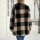 Fongt Women's Autumn And Winter Long Sleeve Double Pocket Lattice Hairy Large Fashion Coat