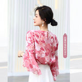 Goddess Pink Pink Imitation Silk Printed Seven-Cent Lotus Leaf Sleeve Round Collar Loose Blouse-Outfit