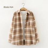 Spring Vintage Woolen Plaid Jackets Full Sleeve Turn-Down Collar Button Up Pockets Shirts Autumn Casual Basic Outwear