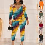 Autumn And Winter Women's Wear New Shoulder Spliced Long-Sleeved Printed Trousers Two Sets-Outfit