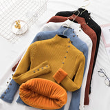 Office Lady Front Buttons Fleece Knitted Sweater Long Sleeve Mock Neck Solid Slim Pullover 2021 Winter New Fashion