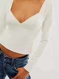 Sexy Deep V-neck Slim Fit Solid T-shirts Tops for Women Long Sleeve Spring Fall Side Split Backless Tees Shirts 2023-Outfit