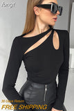 Top Women Long Sleeve T Shirt Hollow Out T-Shirts Autumn Winter Clothes Solid Basic Blue Streetwear White Crop