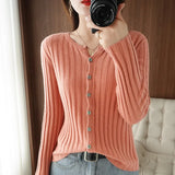 Fongt Long Sleeve Spring And Autumn New Round Collar Cardigan Women's Jacket Slim Soft Waxy Bottom Coat Thin Sweater-Outfit